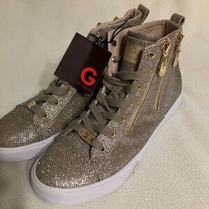 Guess G gold high top sneakers gold mesh covered fabric upper  women 8 1/2